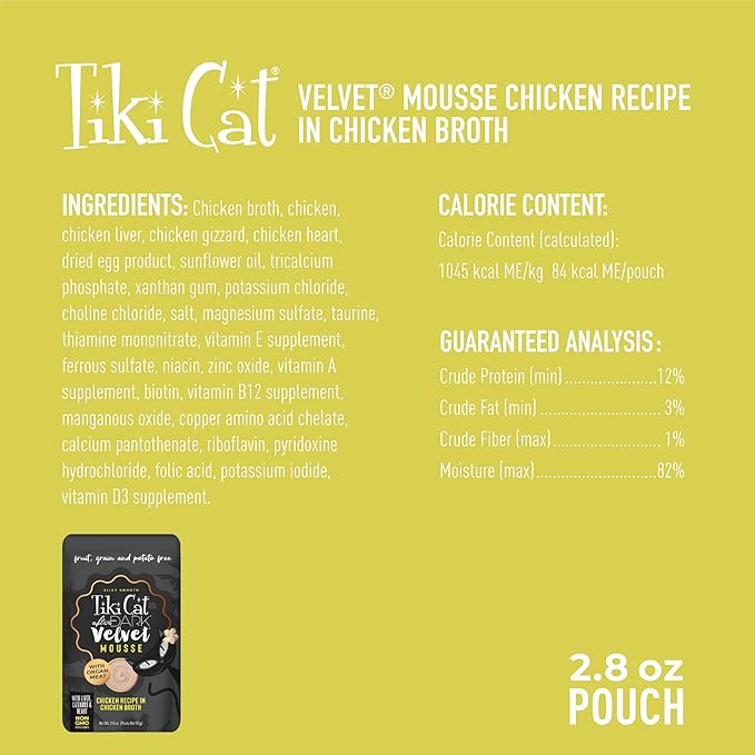 Tiki Cat After Dark, Velvet Mousse, Chicken Recipe in Chicken Broth, Grain & Potato Free Formula, with High Protein & Nutrient Dense Blended Irresistible Organ Meat, 2.8 oz. Pouch (Pack of 12)