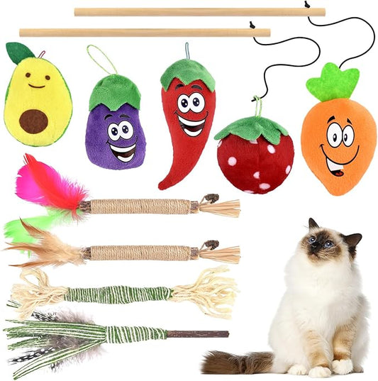 TINDTOP Silvervine Chew Sticks and Feather Toys, Interactive Cat Wand Toy with Catnip Refills Cute Muppet for Kitten Kitty