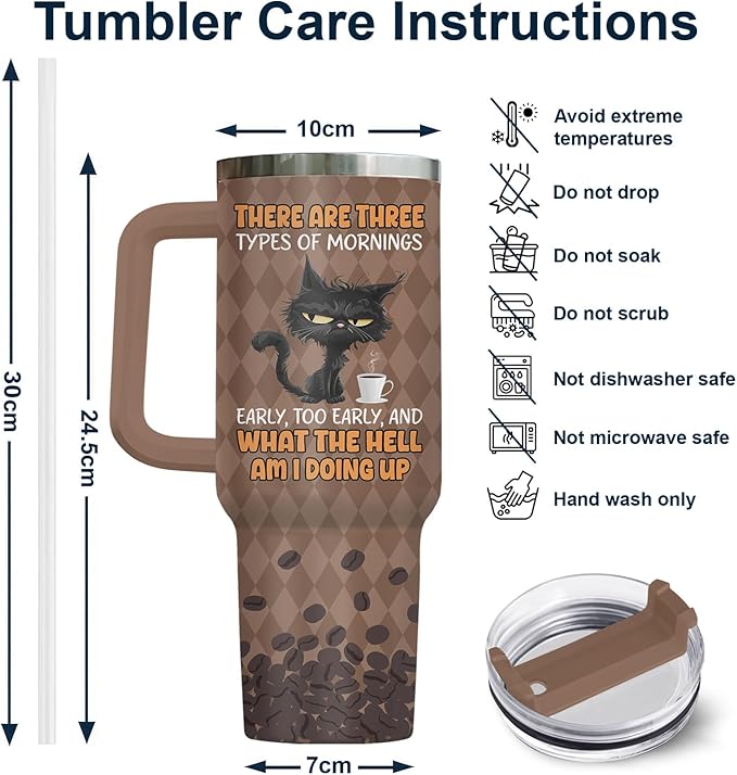 34HD Black Cat Tumbler with Handle & Straw, 40oz Vacuum Insulated Coffee Travel Mug, Black Cat Gifts for Men Women Birthday Halloween Christmas, Funny Gifts for Night Owls Coffee Lovers