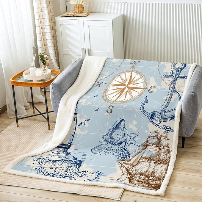 Erosebridal Nautical Anchor Throw Blanket - Vintage Sail Boat Lighthouse Design, Conch Starfish Seashell Fleece, Baby Size Ocean Wave Sherpa, Sketch Style World Map Soft Cozy
