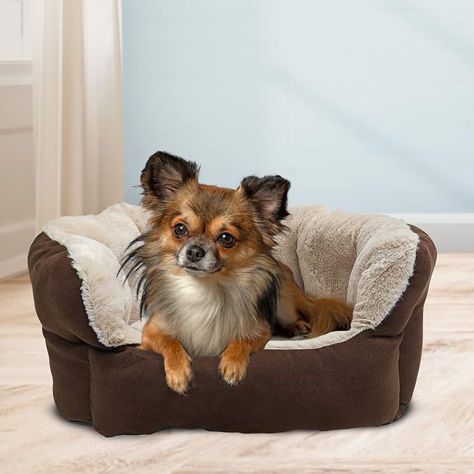 SPOT Sleep Zone Small Pet Bed - High Wall, Reversible Cushion Bed for Indoor Cats & Small Dogs, Durable Faux Suede, Machine Washable for Pets Under 10lbs and 15 inches Long - 18x16in, Chocolate Brown