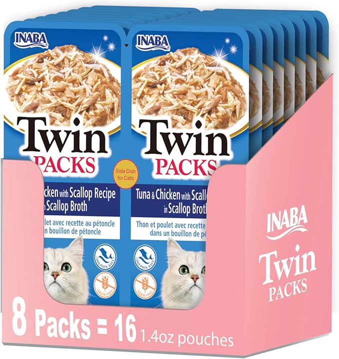 Inaba Twin Packs for Cats, Shredded Chicken & Broth Gelée Side Dish/Topper Pouch, 1.4 Ounces per Serving, 16 Servings, Tuna & Chicken with Scallop Recipe in Scallop Broth