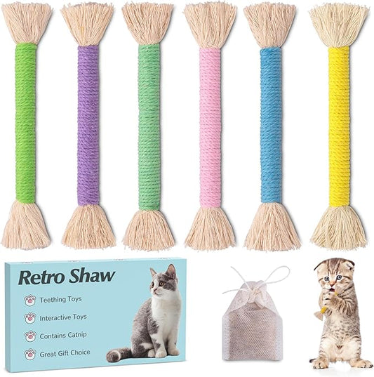 Retro Shaw Kitten Toys Catnip Rope,Cat Toys Chew Ropes 6 Pack,Kitten Teething Toys for Indoor Kittens Kitty,Interactive Cat Kicker Toys Small Cat Nip Toy Safe String 6.1 Inches