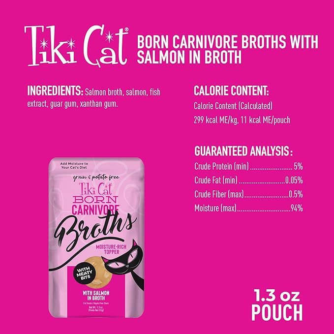 Tiki Cat Born Carnivore Broths, Salmon Recipe, Hydration and Flavor Supplement Cat Food Topper, 1.3 oz. Pouch (Pack of 12)