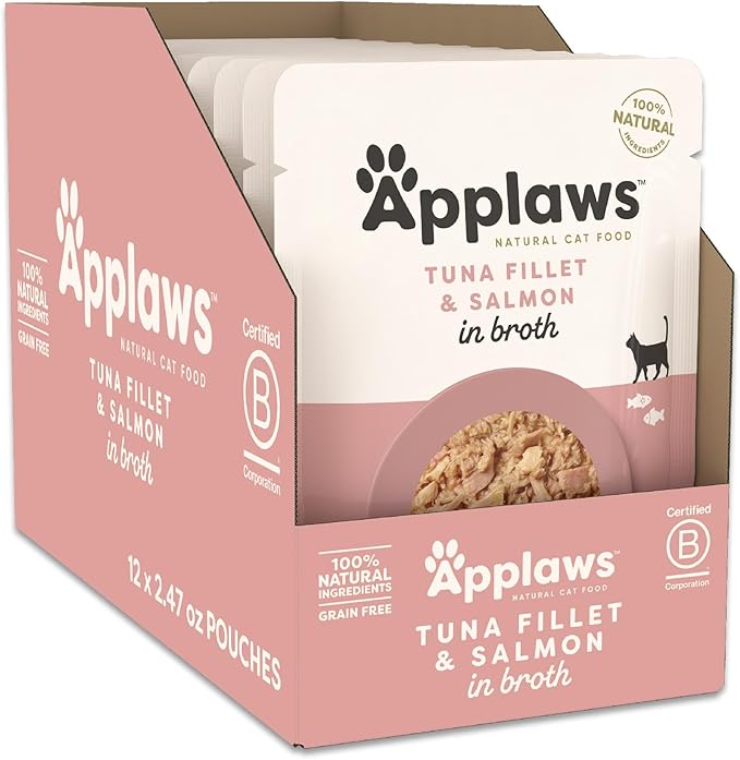 Applaws Natural Wet Cat Food in Broth, Limited Ingredient Wet Cat Food Pouches, No Additives, Made with Natural Ingredients, Tuna with Salmon in Broth (12 x 2.47oz Pouches)