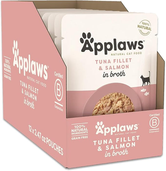 Applaws Natural Wet Cat Food in Broth, Limited Ingredient Wet Cat Food Pouches, No Additives, Made with Natural Ingredients, Tuna with Salmon in Broth (12 x 2.47oz Pouches)