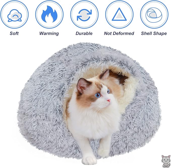 Deblue Soft Cat Beds for Indoor Cats, Round Fluffy Warm Cat Beds with Hooded Cover, Washable Calming Cozy Plush Pet Bed for Anxiety Cats and Puppies - Dia 20"