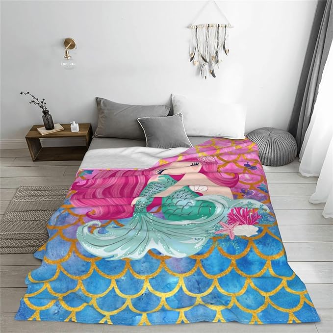 Mermaid Throw Blanket Soft Cozy Plush Warm Fleece Blanket for Sofa Couch Bed 80"X60"