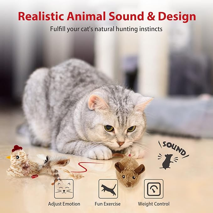Gigwi Interactive Cat Toys Pack, Automatic Moving Mouse Electronic Cat Toys for Indoor Cats, Mouse Hunt Cat Toy for Kitten, 2 Pack (Brown Mouse & Chicken)