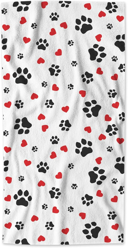 AOYEGO Cute Colorful Paw Print Bath Towels Lovely Puppy Animal Dog Cat Footprint Red Hearts Kitchen Hand Towels Bathroom Decor Soft Beach Microfiber Hair Towels 15x30 Inch