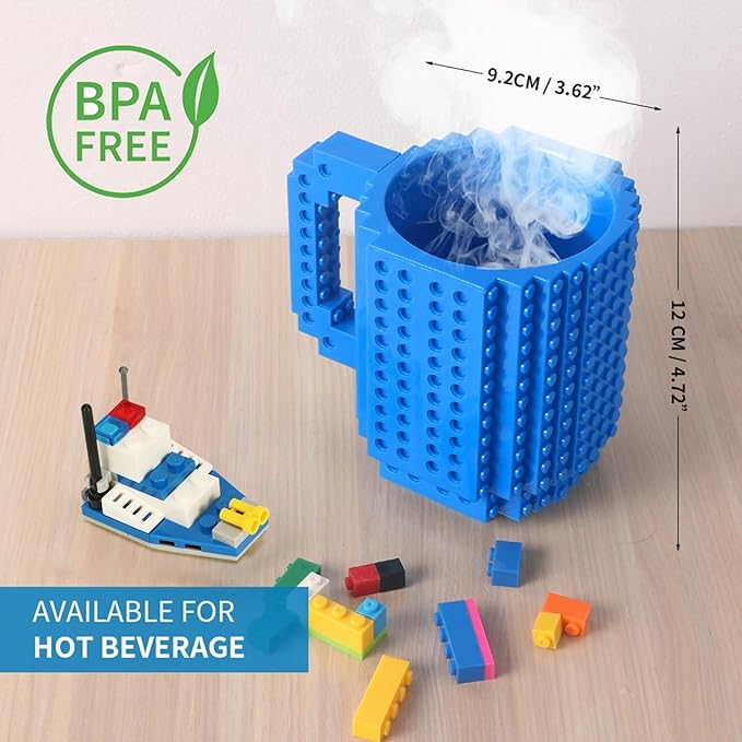 Build-on Brick Coffee Mug, Funny DIY Novelty Cup with Building Blocks Creative for Kids Men Women Xmas Birthday (Blue)