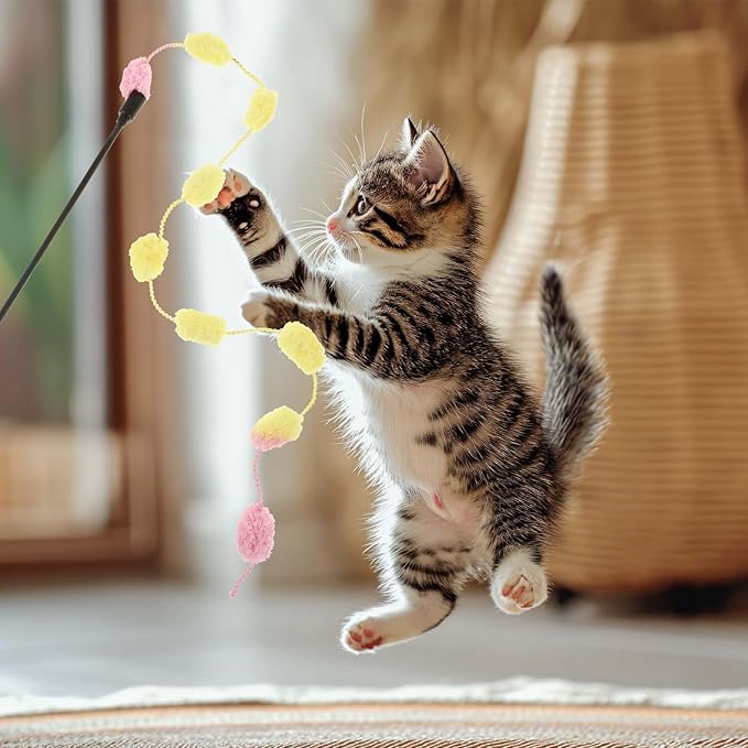 Cat Wand Toy, 3 Pieces Interactive Cat Rainbow Wand Toys for Indoor Cats and Kittens Colorful Cat Dance String Stick Toy Cat Feather Teaser Toy for Indoor Cats Kitten to Play Chase Exercise