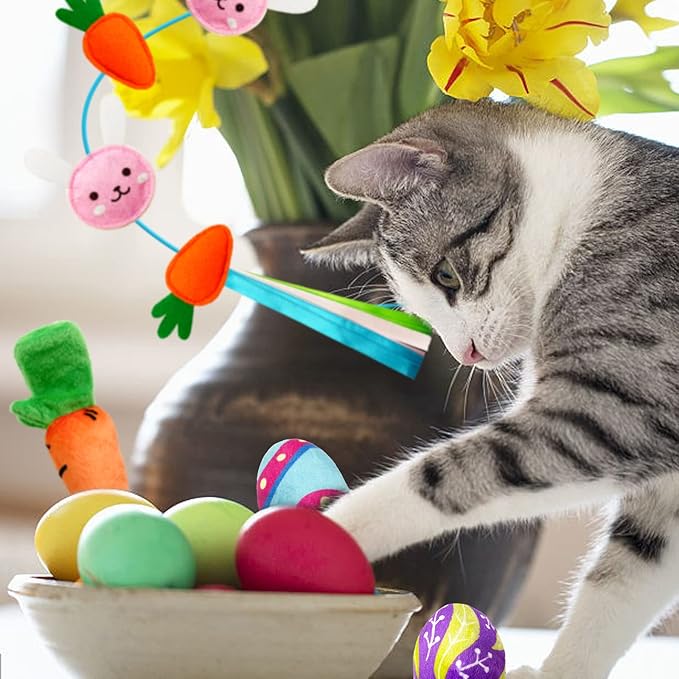 4 Pack Easter Cat Toys, Bunny Cat Wand Toy with Bell, Easter Egg Catnip Toys with Crinkle, Easter Gifts for Indoor Cats & Kitten & Kitty