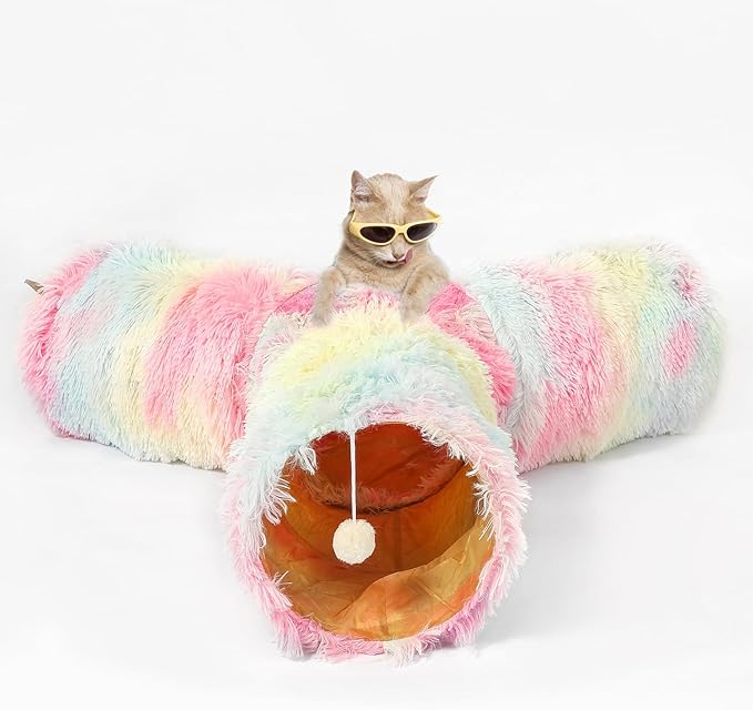 LUCKITTY Fluffy Plush Cat Tunnel Toy Collapsible, for Indoor Cat Kitty Kitten Puppy Rabbit Ferret Rainbow Color 3 Way
