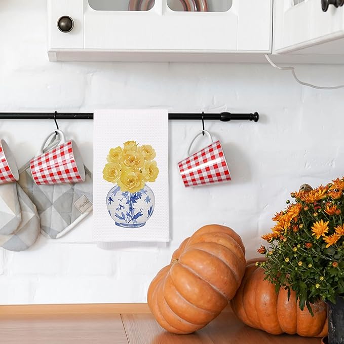 SPBL&L Chinoiserie Decor Kitchen Towels, Blue and White Chinoiserie Vase Yellow Roses Floral Dish Towels for Kitchen, Blue and White Hand Towels for Bathroom, Grandmillenial Decor, 16x24 Inches