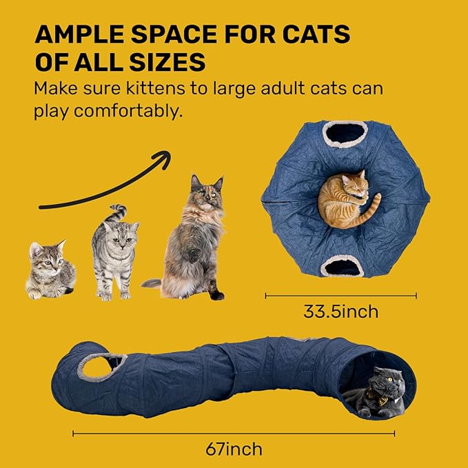 Cat Tunnel 3 Ways Play Tunnel, Durable Cationic Fabric Collapsible Breathable Cat Hideout with Rest Mat, All Season O S C Shape Cat Play Tunnel Toys for Indoor Small Medium Large Cats (Blue)