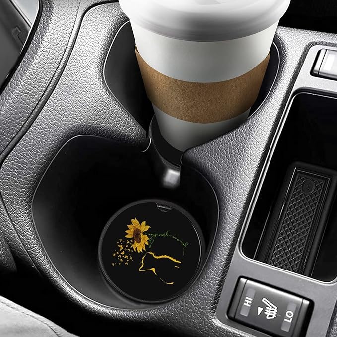 Absorbent Car Cupholder Coaster 2 Pack,Ceramic Stone Coaster with a Finger Notch for Women & Lady,Cork Base Drink Coasters 2.56 Inch,Cute Auto Accessories Gifts - Yellow Cat Sunflower