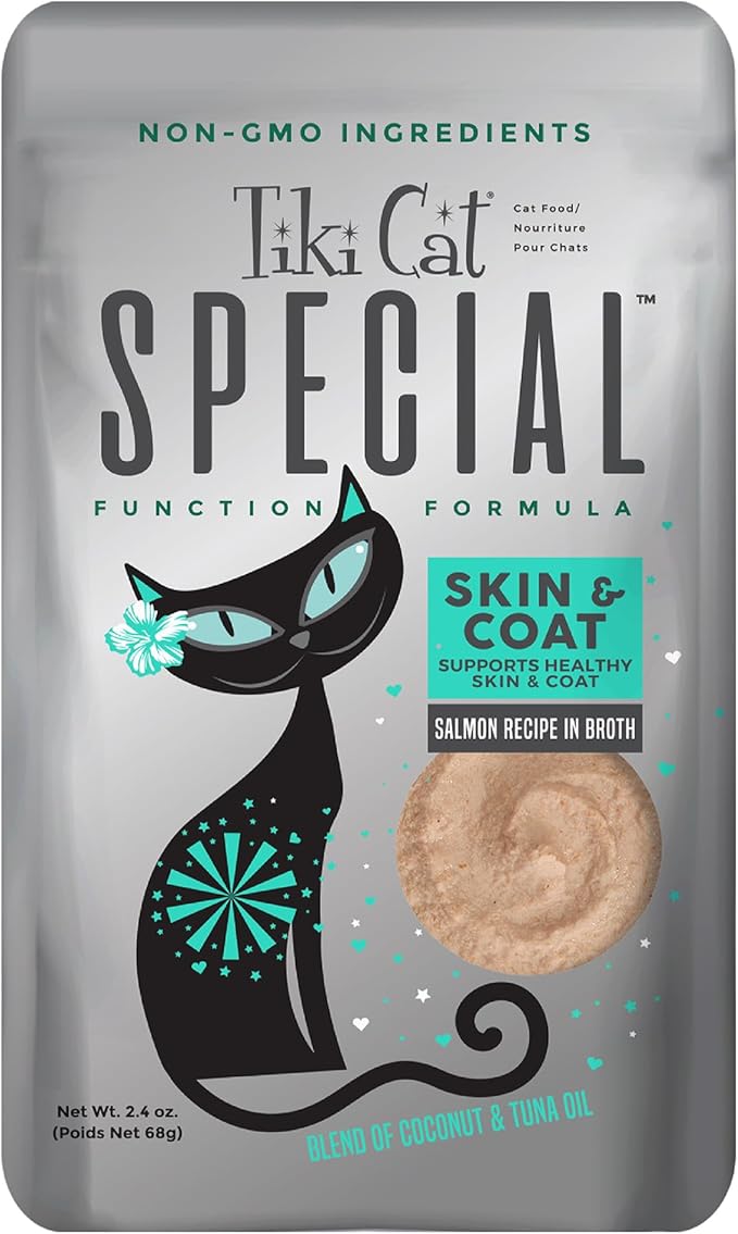 Tiki Cat Special Skin & Coat Mousse, Salmon Recipe, Specially Formulated with Omega Fatty Acids, Functional Wet Cat Food for Adult Cats, 2.4 oz. Pouch (Pack of 12)