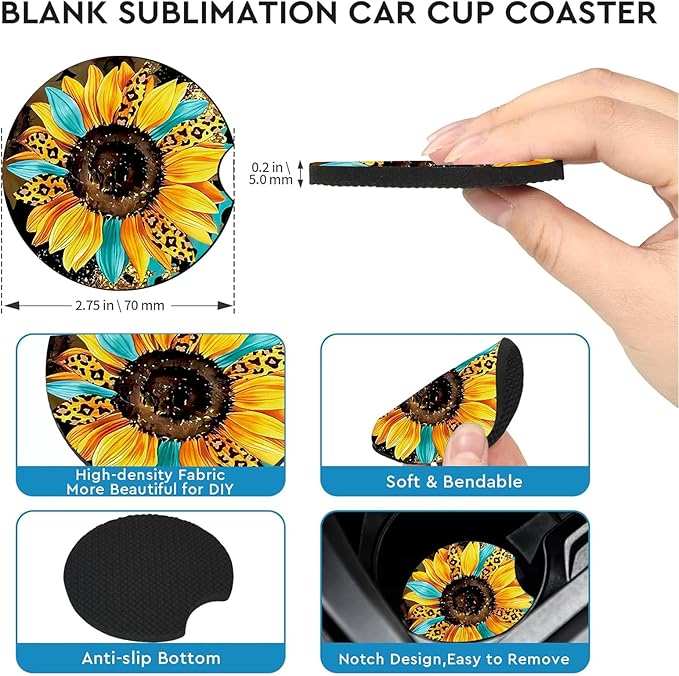 Car Coasters for Cup Holders,2 Pack Sunflowers Leopard Car Cup Holder Coasters,2.75" Universal Size Anti Slip Rubber Mat,Sunflowers Gifts for Women,Mom,Her,Wife,Girlfriend