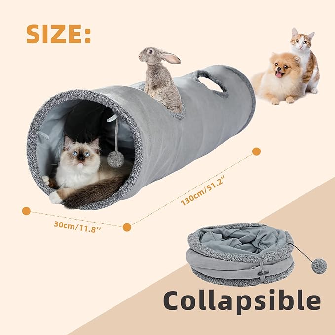 PAWZ Road Cat Tunnel 51 Inches Long Cat Toys Collapsible Tunnel 12 Inches in Diameter Large Cat Tube for Big Cat,Rabbits and Puppy- Large