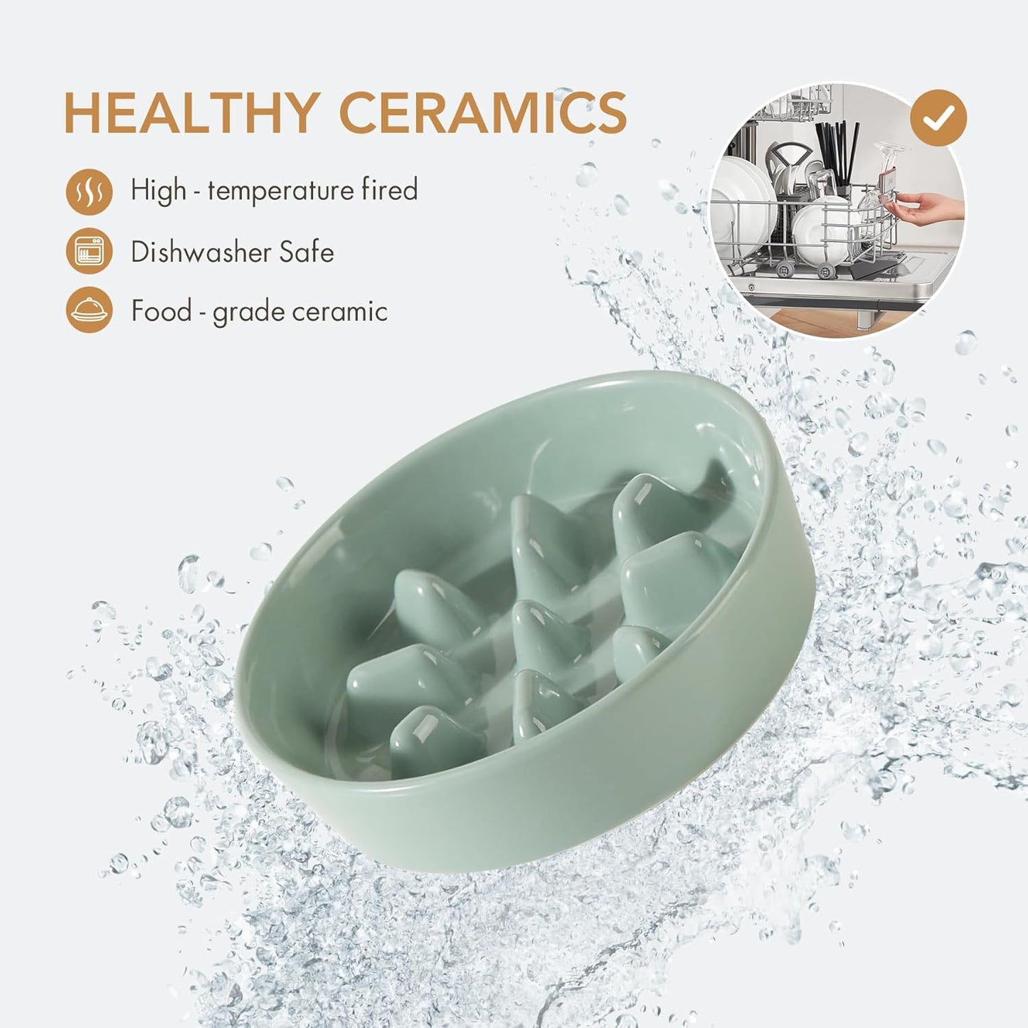 6.1inch Dog Bowl Slow Feeder Ceramic, Slow Pet Food Dish for Small Dog and Cat, Stop Bloat, Preventing Choking(Single Bowl, Beige)