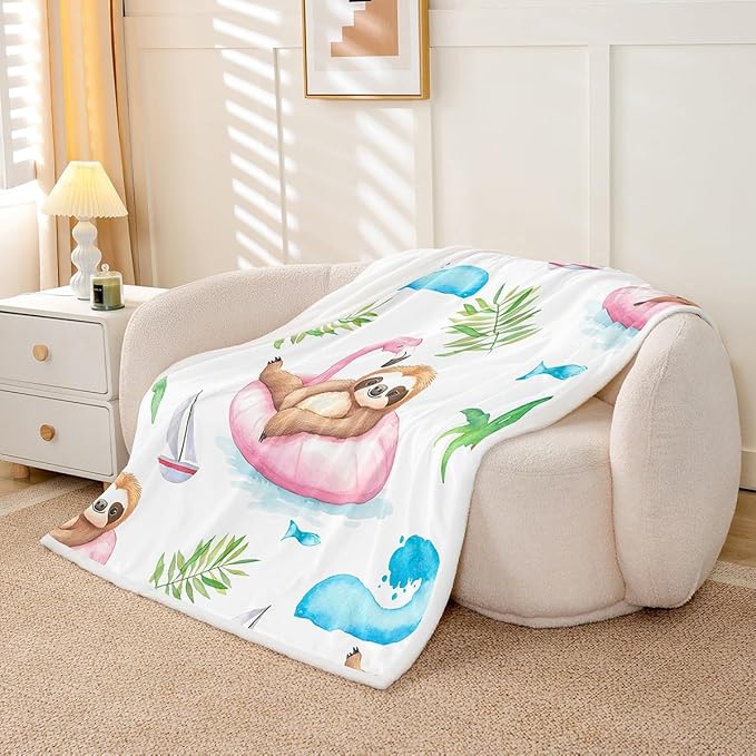 Tropical Animal Plush Blanket Cute Sloth Fleece Throw Blanket for Sofa Couch Bed Flamingo Float Sherpa Blanket Cartoon Sloth Hawaiian Summer Vacation Fuzzy Blanket Room Decor Twin 60x80 Inch