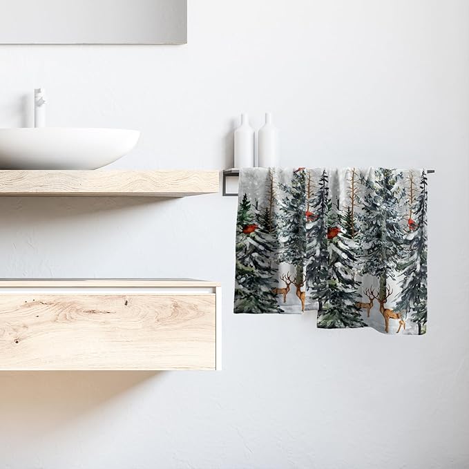 Giwawa Pine Tree Hand Towels Set of 2 Forest Deer Kitchen Bathroom Towels Soft Absorbent Fingertip Tea Bar Dish Towel for Hotel Spa Gym Decor