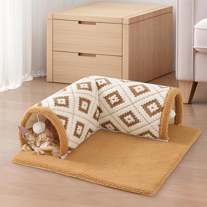 Cat Tunnel Bed for Indoor Cats, Large Size 26.5”x26.5”Soft Pet Tunnel Bed Playing Mat for Cats, Washable,Brown,Berber Fleece,Jacquard Pattern