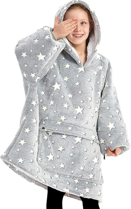 KFUBUO Wearable Blanket Hoodie for Kids Sherpa Patterns Oversized Sweatshirt Blanket With Pocket 6-10 Year Old Girl Boy Gifts Glow in The Dark Stars