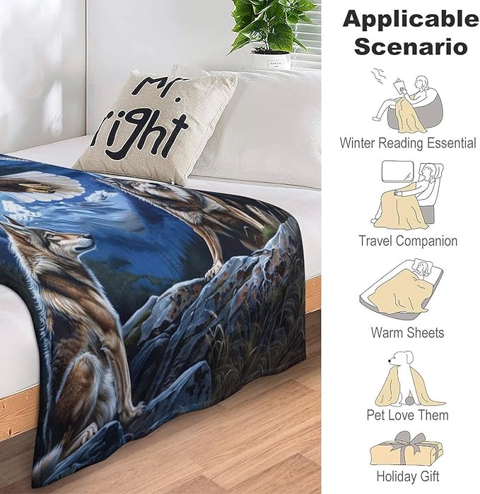 Bald Eagle Wolf Throw Blanket Wild Animal Mountain Moon Night Wolves Print Blankets Gifts Couch Sofa Bed Stuff Decor Soft Cozy Lightweight Fleece Plush Flannel Bedding for Lover Men Women 40"x50"