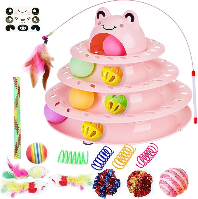 Suhaco Interactive Cat Toys for Indoor Cats Pack of 17 Fun Roller 4 Level Cat Tower with Cute Stickers Turntable Kittens Ball Teaser Toy (Pink 17Pcs)