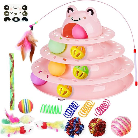 Suhaco Interactive Cat Toys for Indoor Cats Pack of 17 Fun Roller 4 Level Cat Tower with Cute Stickers Turntable Kittens Ball Teaser Toy (Pink 17Pcs)