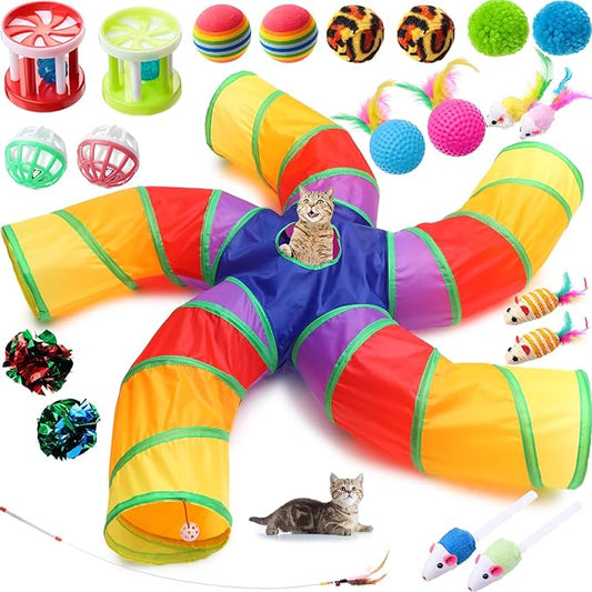 Poen 21 Pcs Cat Tunnel for Indoor Cats Set Collapsible 5 Way Cat Tubes with 20 Pcs Cat Toys Kitten Toys Interactive Cat Feather Toy Mouse Crinkle Balls Cat Tube for Puppy Kitten Rabbit(Colorful)
