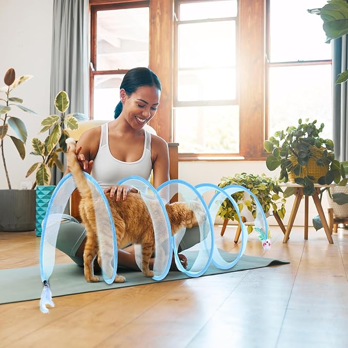 2 Pcs Folded Cat Tube Tunnel Interactive Spring Cat Tunnel Toy for Indoor Cats Exercise, Cat Tunnel Bed for Kitten, Cat Donut Tunnel Whisker Twister with Feather Mouse Toys, Blue & Green