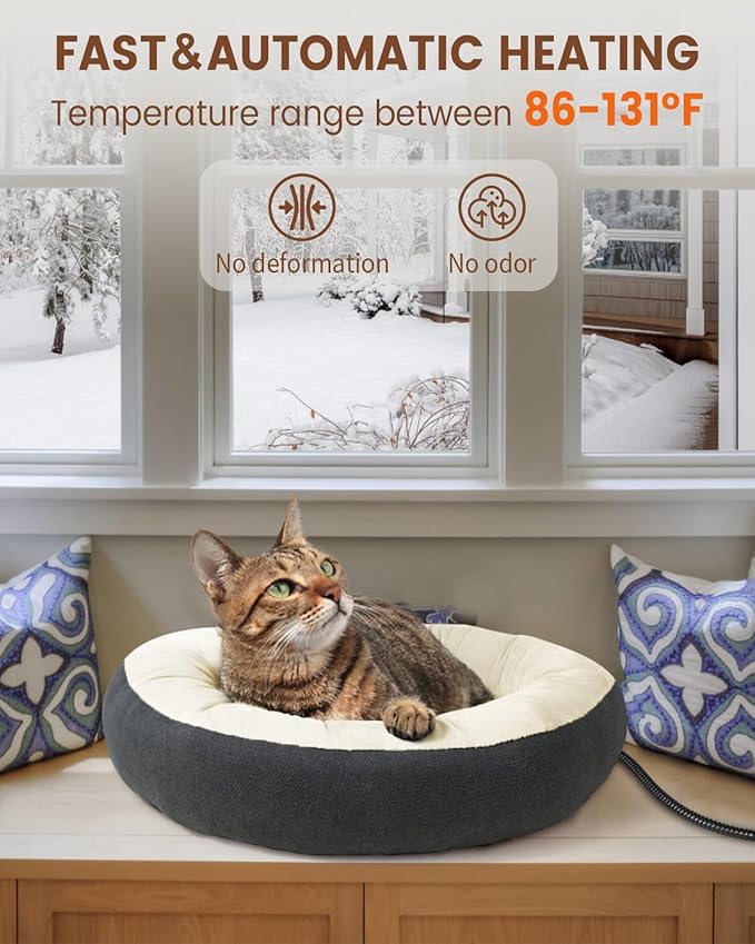 Heated Cat Beds for Indoor Cats, Soft Round Warming Heated Pet Bed for Small Medium Size Cats, Electric Cat Heating Bed for Kittens 19 Inches