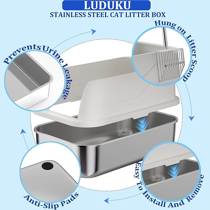 2 Pack Stainless Steel Cat Litter Box with Lid Enclosed Sides Extra Large Matel Litter Box for Big Cats XL Steel Litter Pan for Multiple Cats with Cat Litter Scoop Easy Cleaning