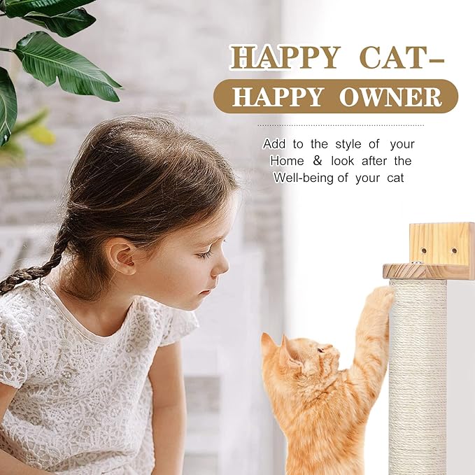 Wall Mounted Cat Scratching Post - 21'' Wooden Sisal Cat Scratcher,Hemp Rope Scratcher Posts for Indoor Cats or Kittens- Cute Modern Wall Mounted Cat Furniture