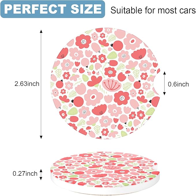 2 Pack Car Cup Holder Coaster, 2.63 inch Anti Slip Insert Absorbent Ceramic Coaster with Cork Base and Finger Notch, Cute Car Accessories Interior for Women