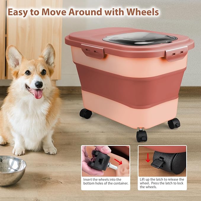 Dog Food Storage Container, 5-20Lbs Collapsible Pet Food Storage Containers with Rolling Wheel Airtight Locking Lid, Dry Food Storage Bin with Cup and Scoop,Suitable for Pet Food, Rice, Flour