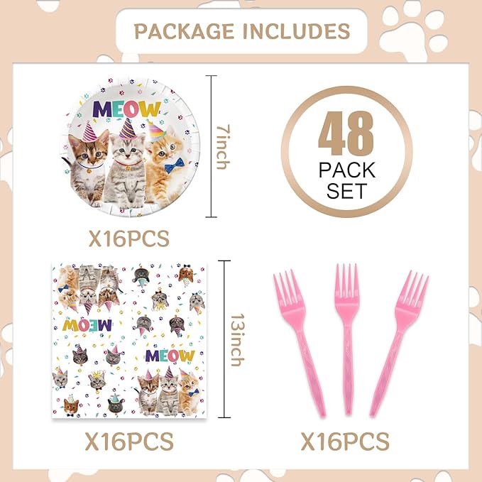 48Pcs Cat Birthday Party Decorations Include Meow Theme Paper Plates and Napkins Forks Supplies Cat Happy Birthday Cake Plates Set Sign Party Decorations for Girls Baby Shower Favors