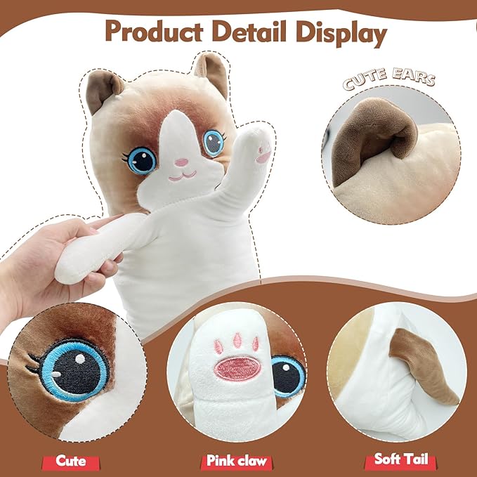Long Cat Plush Pillow, 51.1in Cute White Cat Plushie Stuffed Animals Body Pillow, Kawaii Kitten Soft Plushie Doll Toy Birthday Gift for Kids Girlfriend