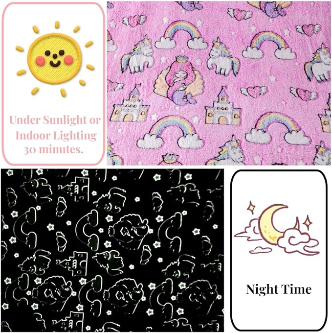 Mermaid Princess Pattern Blanket, Unicorn Blanket Glow in The Dark, 50" x 60", Pink