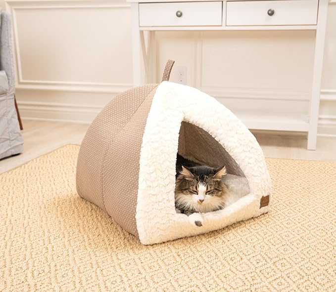 Cat Dog Tent Triangle Bed Removable Cushion Cover Two Way Conversion (Medium, Beige Linen)