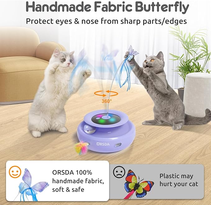 ORSDA Cat Toy, 3-in-1 Automatic Cat Toys for Indoor Cats, Electronic Whack a Mole, Fluttering Butterfly,Track Balls Kitten Toy, Rechargeable Power Interactive Feather Toys for All Breeds