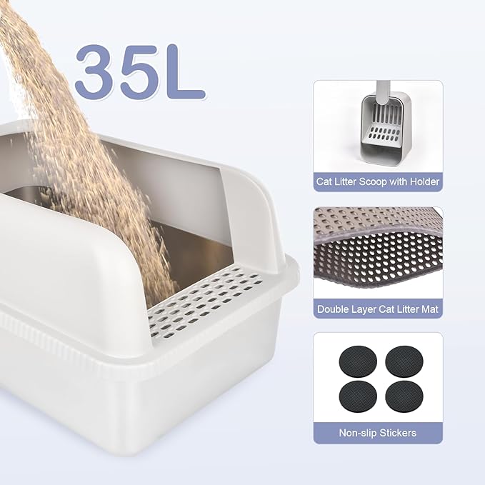 2 Pack Stainless Steel Cat Litter Box with Lid, 24" L x 16" W x 11.8" H, Extra Large Litter Box for Big Cats with High Sided, Anti-Urine Leakage, Easy Cleaning, Include Cat Mat and Scoop