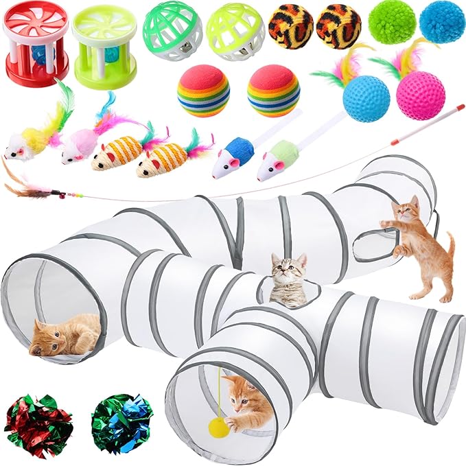 Wettarn 22 Pieces Cat Toys Set, with 2 Collapsible Cat Tunnels for Indoor Cats and 20 Kitten Toys Cat Tubes and Tunnels Interactive Cat Feather Toy Mouse Crinkle Balls for Cats Puppies (White)