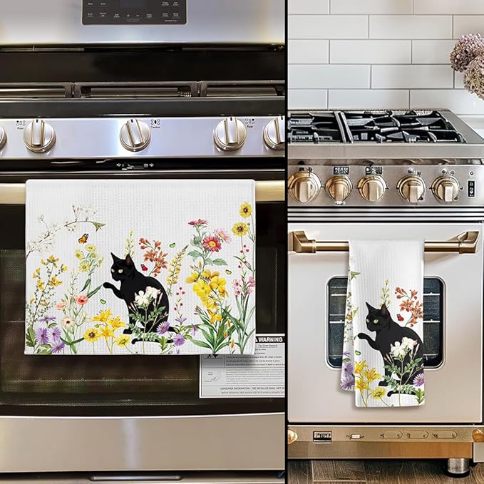 Cat Towel,Floral Kitchen Towels,Cat Kitchen Towels,Cat Dish Towels,Cat Hand Towel,Funny Kitchen Towels,Black Cat Gifts for Women,Cat Kitchen Accessories,Cat Lady Gifts,Gifts for Cat Lovers for Women