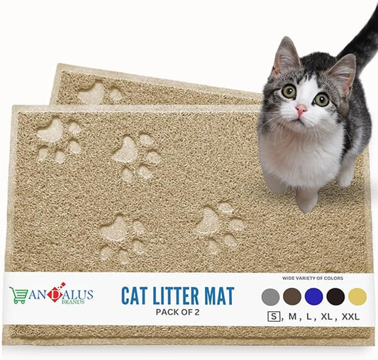 Andalus Small Cat Litter Mat, Pack of 2 - Waterproof, Non-Slip & Easy to Clean Cat Litter Box Mat for Extra Efficient Pet Litter-Trapping, Beige (15.75” X 11.75”)