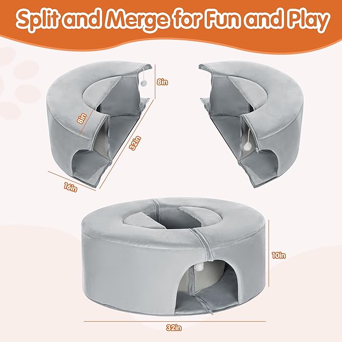 BALAPET Cat Tunnel Bed for Indoor Cat with Cat Scratch Lounge, Tent, and Plush Ball, Scratch Detachable & Washable Tunnel Bed 2-in-1 Cat Toys Collapsible Tunnel for Cats Dog Ferret Rabbits