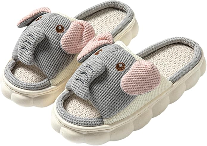 AZCHEN Women's Animal Cartoon Pig Slippers - Cute and Comfortable Linen Plush Slippers for Home